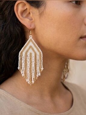 Plunder White and Gold Beaded Fringe Drop Earrings